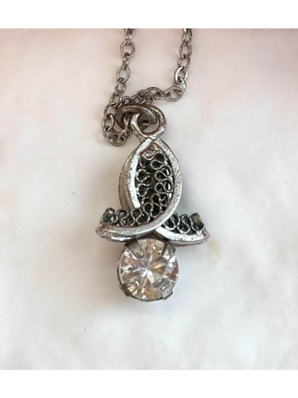 Filigree Minimalist CZ Stone Sterling Silver 925 Vintage Pendant Necklace - 18"